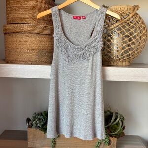 Elle Grey Dressy Ribbed Tank -  Lace Embellished Neck